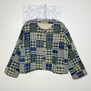 Vintage Women's size L / XL ? Madras PLAID PATCHWORK Jacket Lined Pockets BLUE